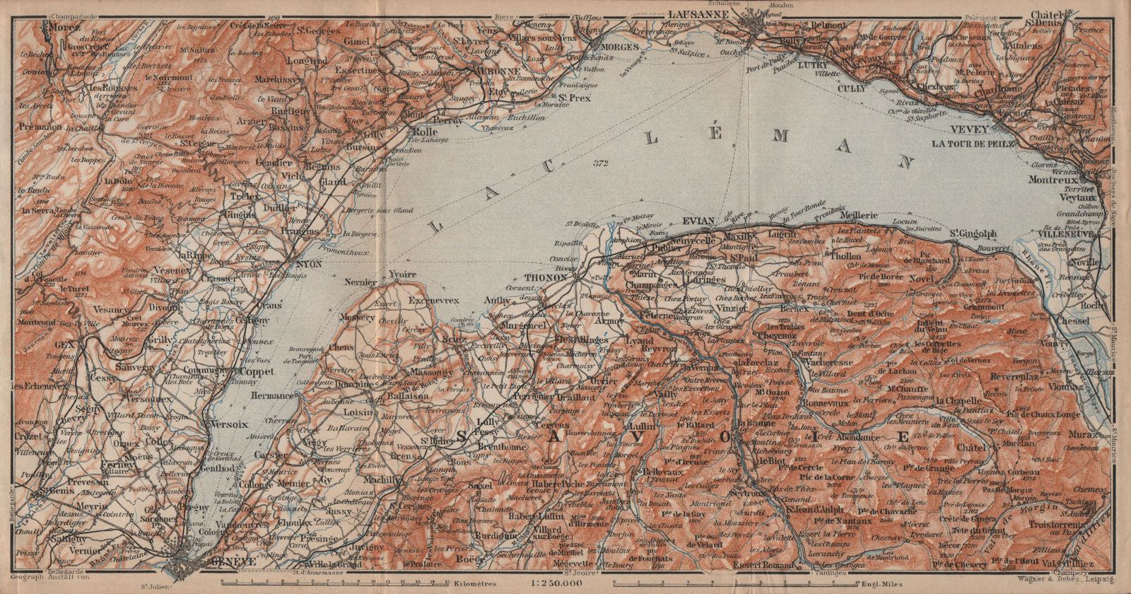 LAKE GENEVA/LAC LÉMAN. St Cergue Chatel St Jean d'Aulph Lausanne Evian 1905 map